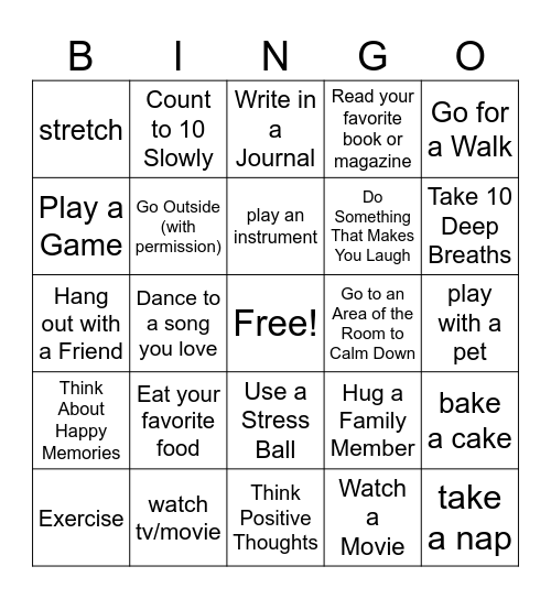 Coping Skills Bingo Card