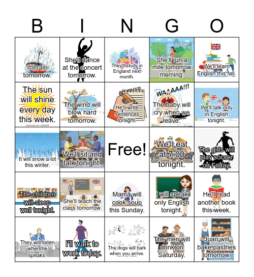 Tenses: Simple Future Bingo Card