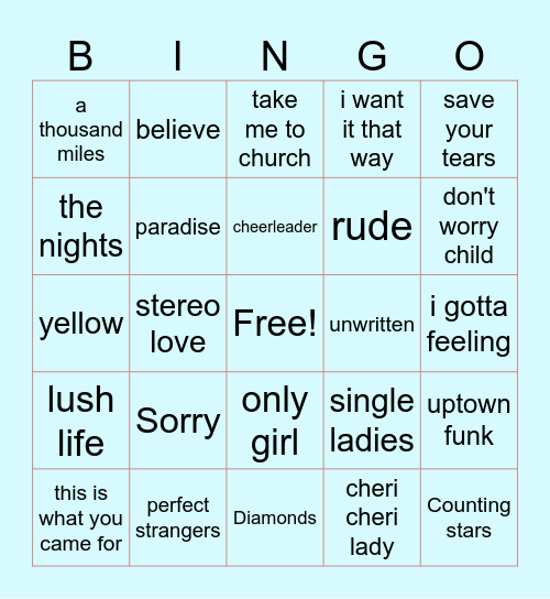 Name That Tune Bingo Card