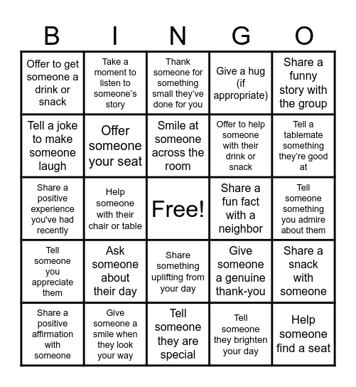 Spread Kindness Bingo Card