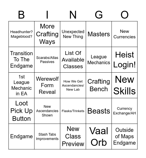Poe 2 Reveal Stream Bingo Card