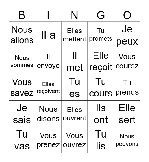 Les verbes irréguliers 2 - Présent Bingo Card