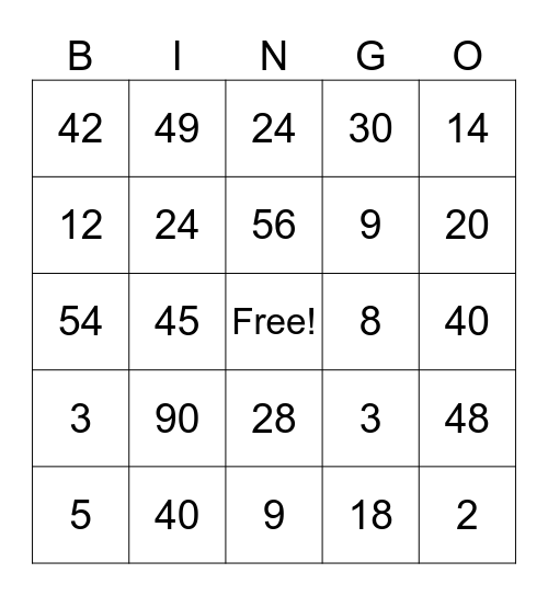 Multiplication Bingo Card