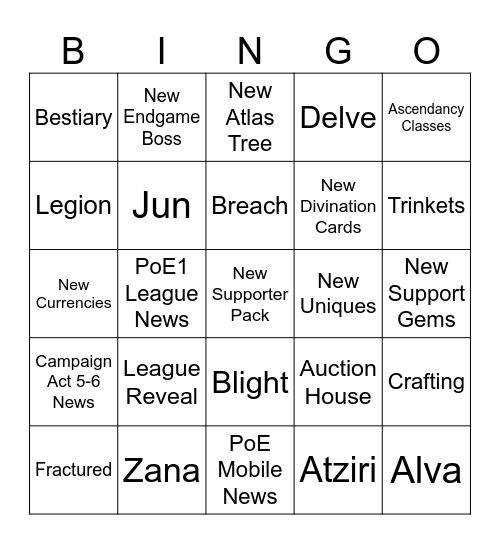 PoE2 Bingo Card