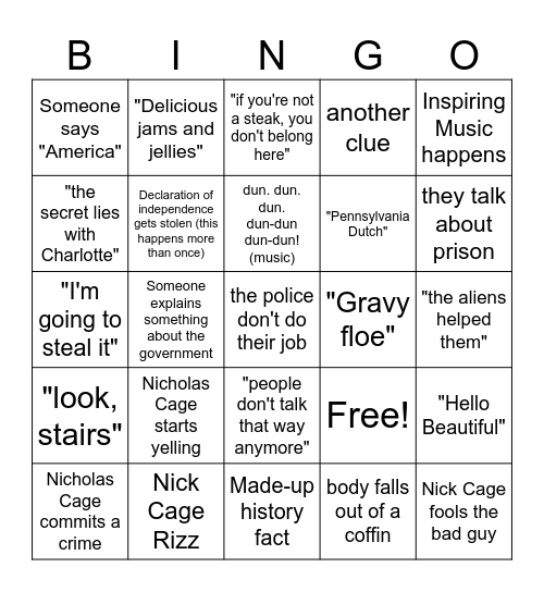 National Treasure Bingo Card