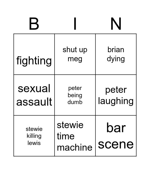 family guy bingo Card