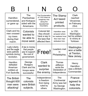 American Revolution and Indiana Bingo Card