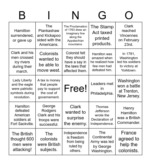 American Revolution and Indiana Bingo Card