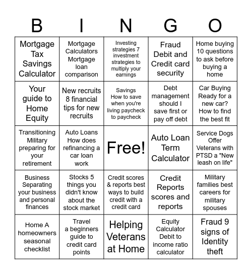 MakingCents Bingo Card