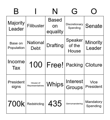 Legislative Branch Bingo Card