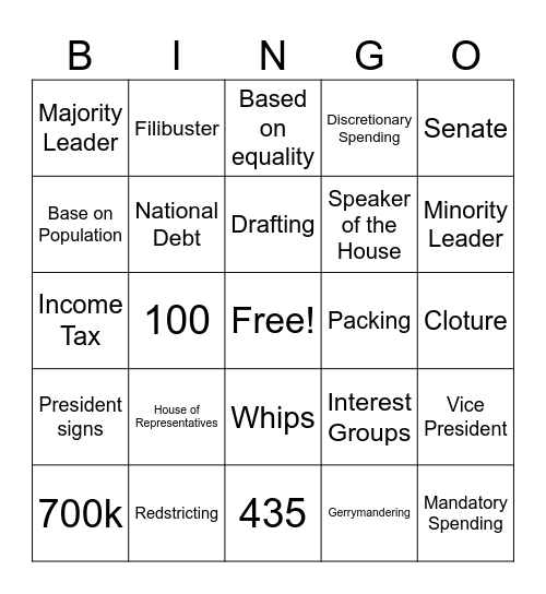 Legislative Branch Bingo Card