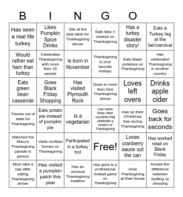 Virtual Thanksgiving Bingo Card