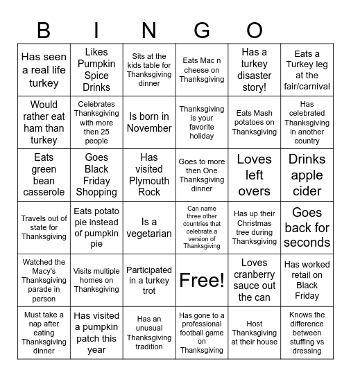 Virtual Thanksgiving Bingo Card