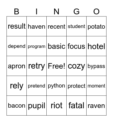 Open Syllables Bingo Card