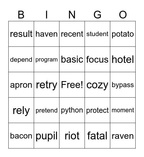 Open Syllables Bingo Card