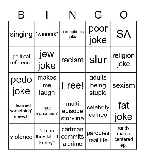 South Park Bingo Card