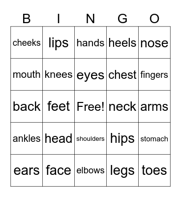 Body parts Bingo Card