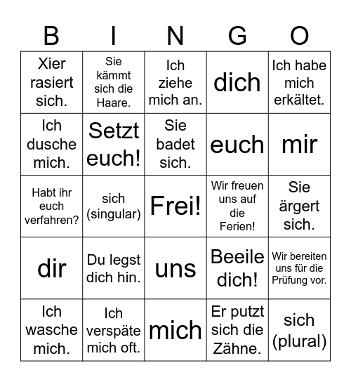 Reflexive Verben Bingo Card