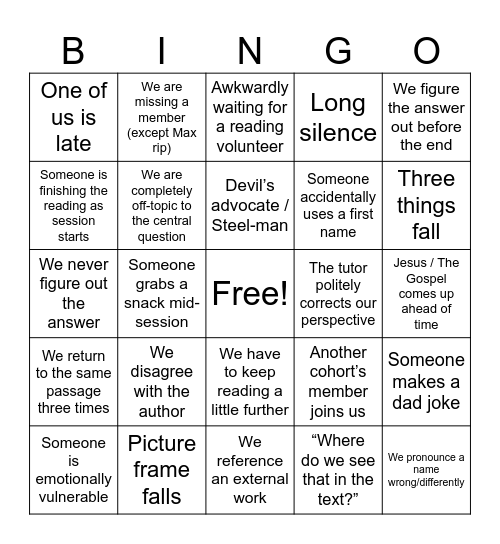 Rossetti Bingo Card