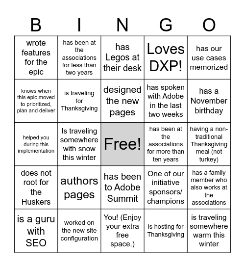 DXP Frontier Celebration Blackout Bingo: Find someone who... Bingo Card