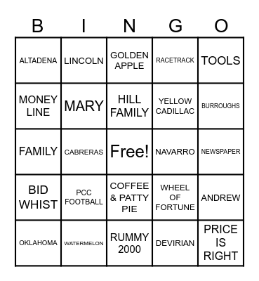 SESSION FAMILY GALA Bingo Card