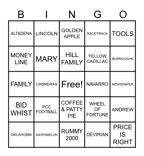 SESSION FAMILY GALA Bingo Card