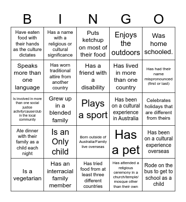 Cultural Diversity Bingo Card