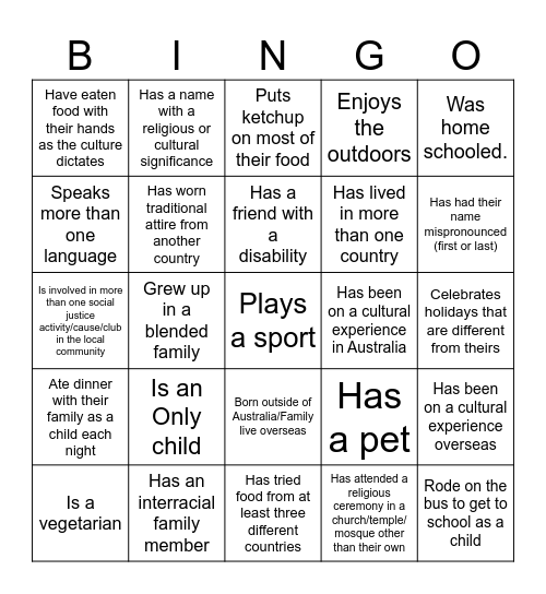 Cultural Diversity Bingo Card