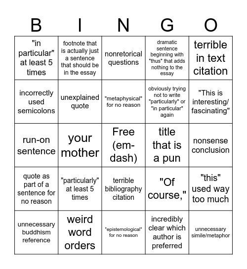 Henry Essay Bingo Card