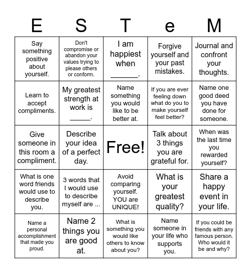 Self-Esteem Bingo! Bingo Card