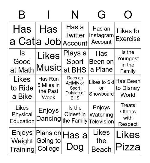 Freshmen Human Bingo Card