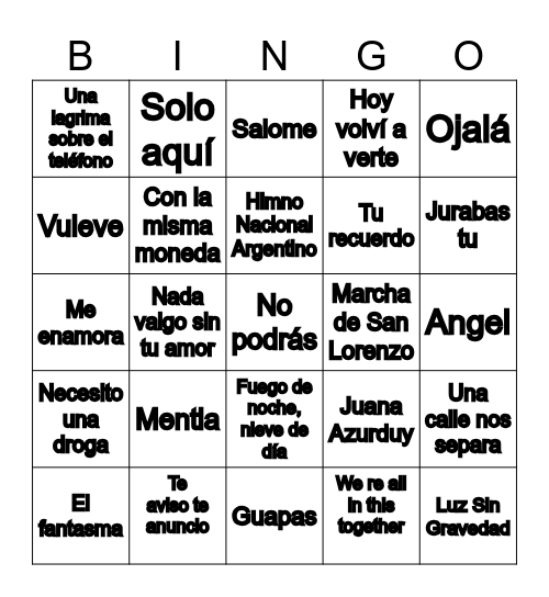 Bingo Musical Pancho Bingo Card