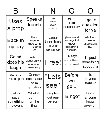 Stanley and Friends Bingo Card