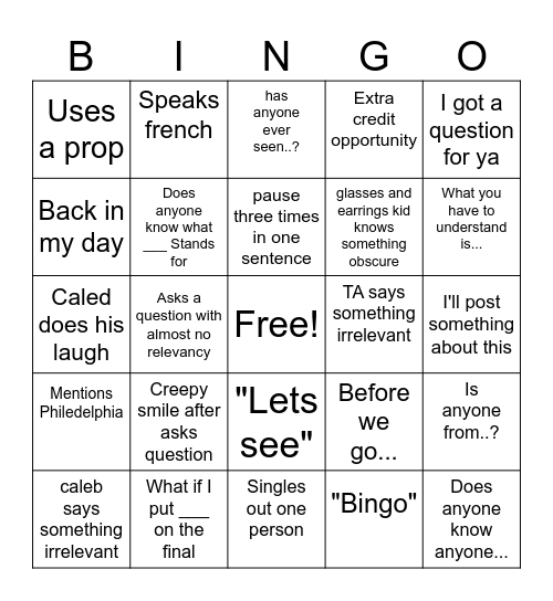 Stanley and Friends Bingo Card