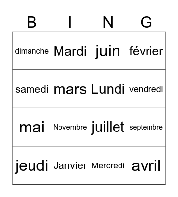 Francais Bingo Card