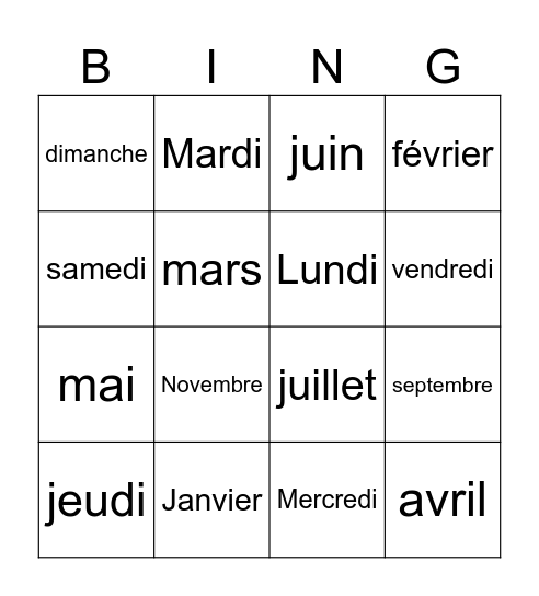 Francais Bingo Card