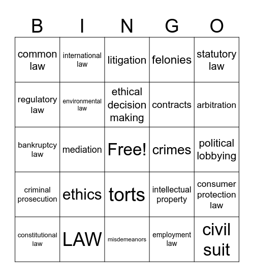 Ethics and Law Bingo Card