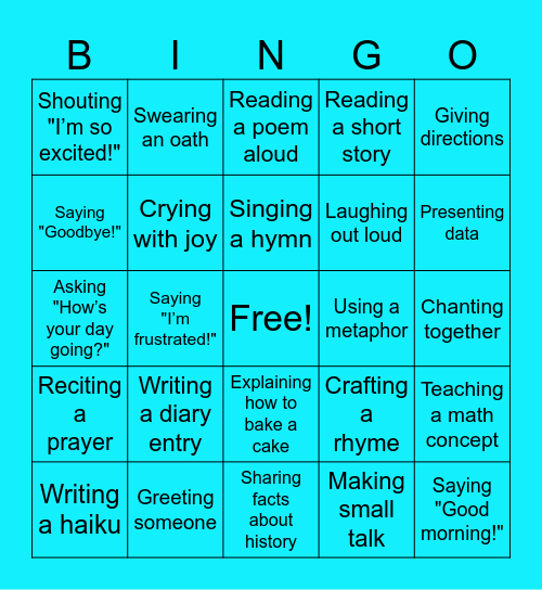 Purposes of Language Bingo Card