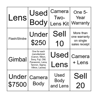 Warranty Bingo Competition Bingo Card