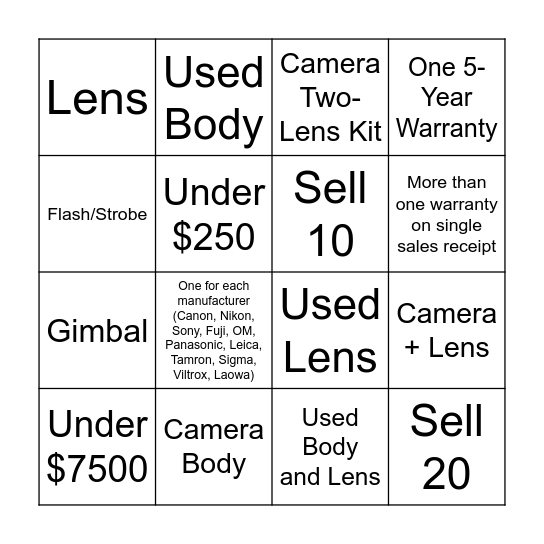 Warranty Bingo Competition Bingo Card