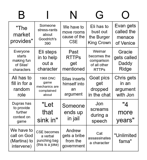 RTTP Bingo Fall Semester 2024 Bingo Card