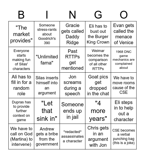 RTTP Bingo Fall Semester 2024 Bingo Card