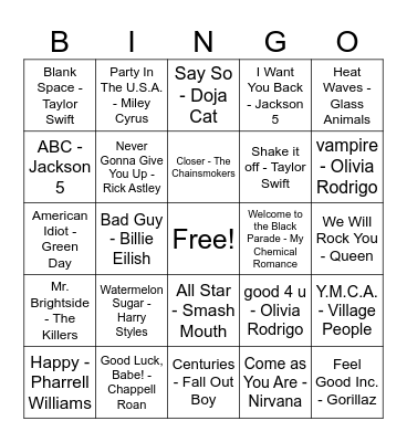 Music Bingo Card