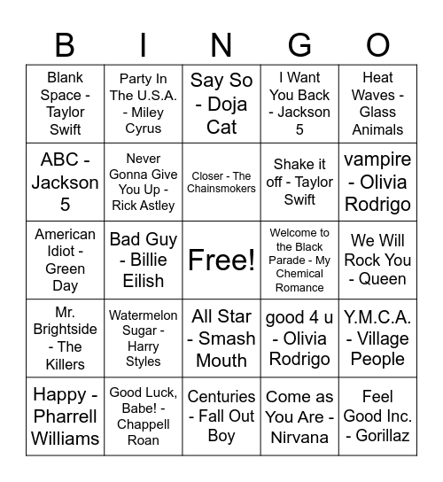 Music Bingo Card