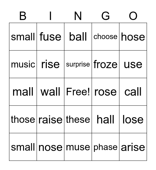 (s) = /z/ and (all) = (oll) Bingo Card