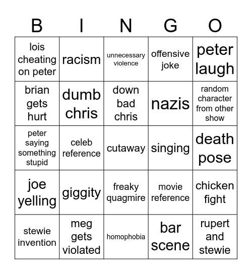 Family guy Bingo Card