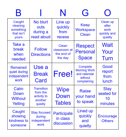 Behavior Bingo Card