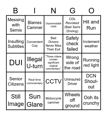 DashCam Bingo Card