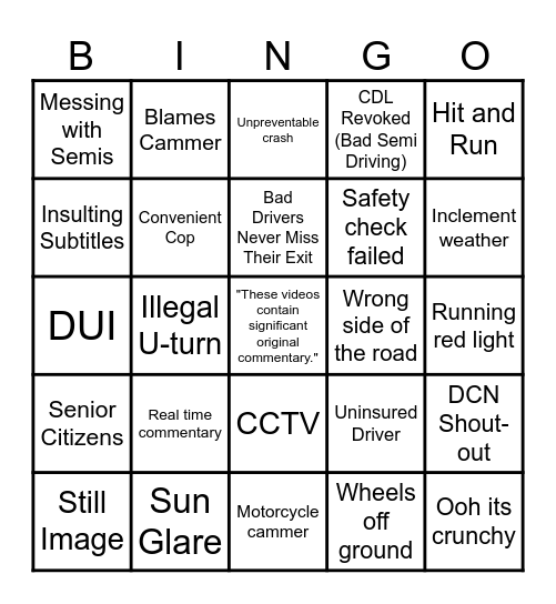 DashCam Bingo Card