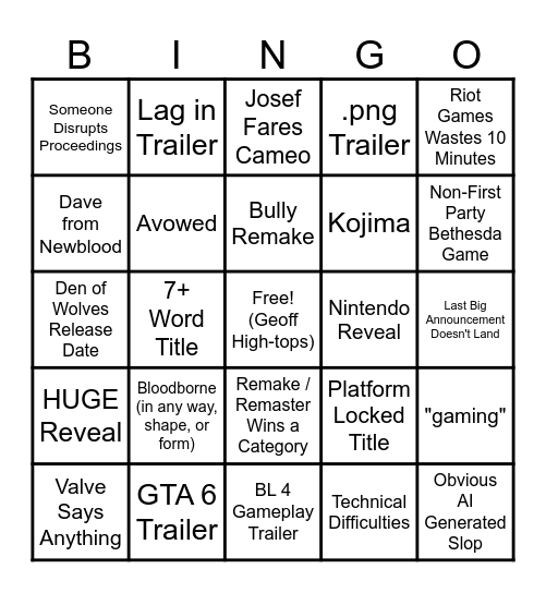 TGA 2024 Bingo Card